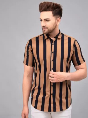 Rathor Men Striped Casual Brown Shirt