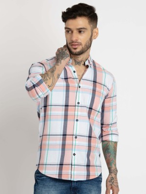 Status Quo Men Checkered Casual Orange, White Shirt