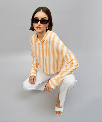 Chimpaaanzee Women Checkered Casual Orange, White Shirt