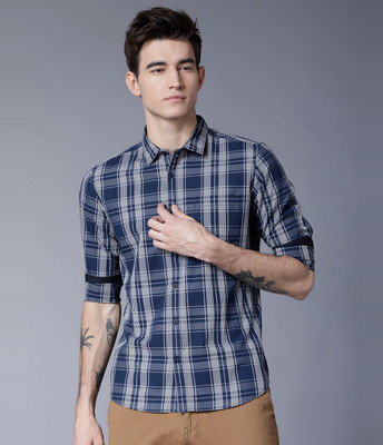 HIGHLANDER Men Checkered Casual Dark Blue, White Shirt