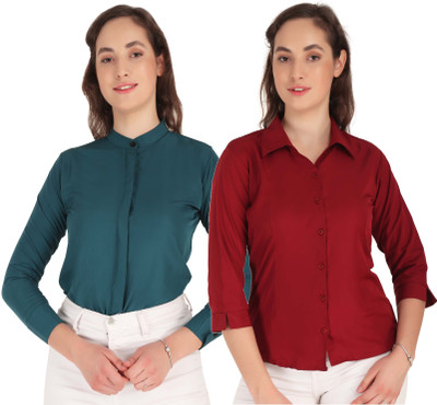 Miranga Women Solid Casual Dark Blue, Maroon Shirt(Pack of 2)