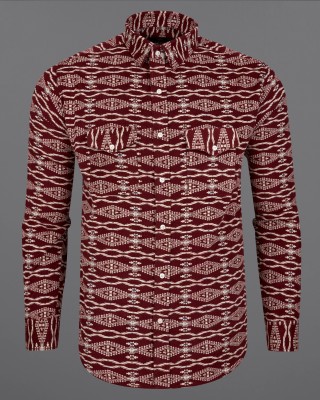 french crown Men Printed Casual Maroon, White Shirt