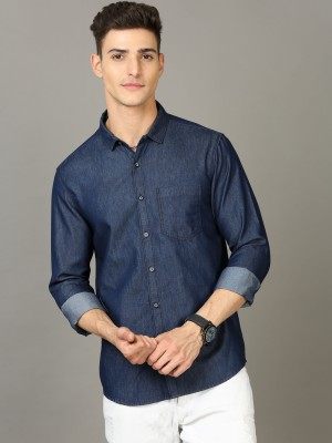 SMILE STONE Men Washed Casual Dark Blue Shirt