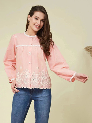 J TURRITOPSIS Women Embroidered Casual Pink Shirt
