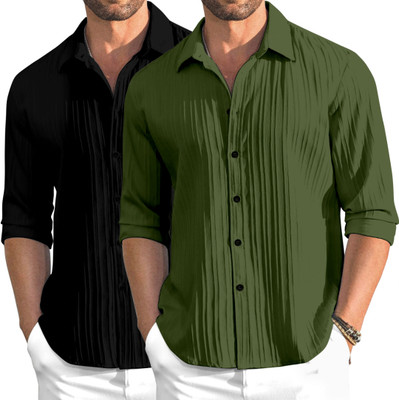 OXXOM Men Self Design Casual Black, Green Shirt(Pack of 2)