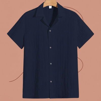 Looksky Men Self Design Casual Dark Blue Shirt