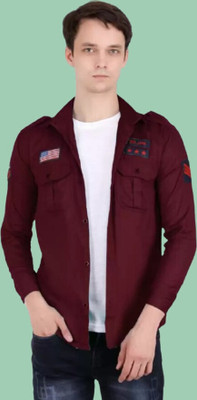 Super Waston Men Embroidered Casual Maroon Shirt