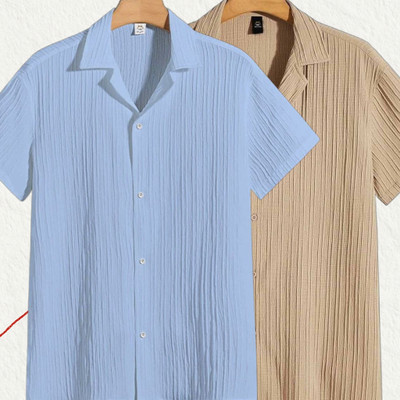 Jenil Fashion Men Self Design, Solid Casual Light Blue, Cream Shirt(Pack of 2)