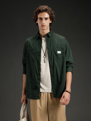 WROGN Men Solid Casual Dark Green Shirt