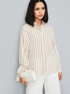 MAX Women Striped Casual Beige, White Shirt