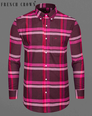 french crown Men Checkered Casual Maroon, Pink Shirt