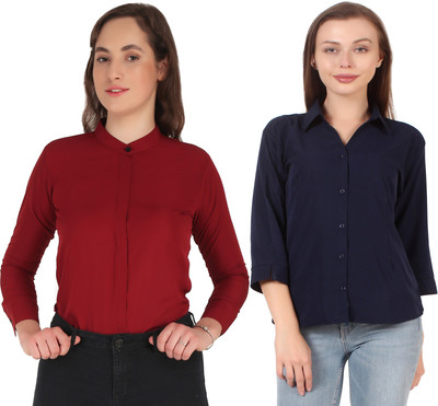 Miranga Women Solid Casual Dark Green Shirt(Pack of 2)