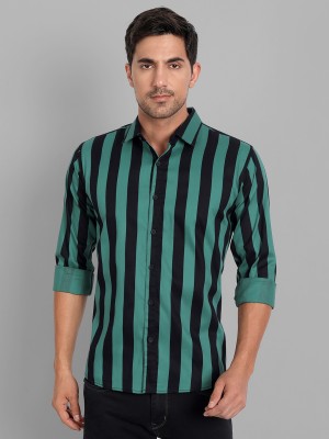 Foomer Men Striped Casual Green, Black Shirt