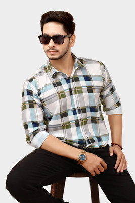 BURRMELLOW Men Checkered Casual Green Shirt