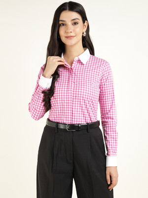 Hancock Women Checkered Formal White, Pink Shirt