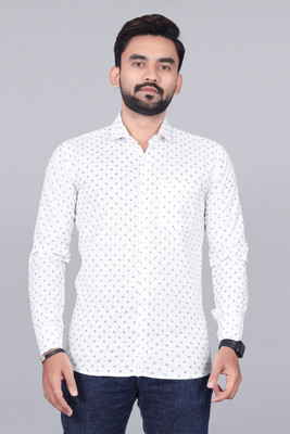SilverBuck Men Printed Casual White, Blue Shirt
