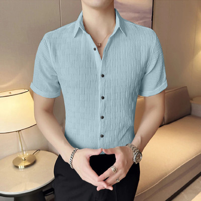 quinlan Men Self Design Casual Light Blue Shirt