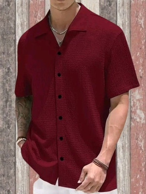 MUMIN Men Self Design Casual Maroon Shirt