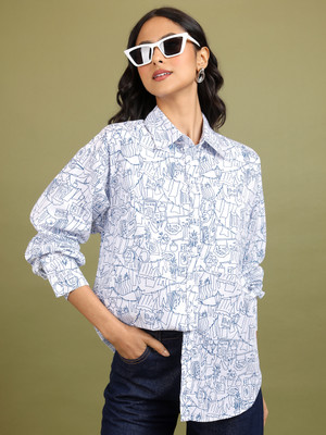Tokyo Talkies Women Printed Casual Blue, White Shirt