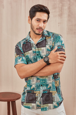 Kayra Enterprise Men Geometric Print Casual Blue Shirt