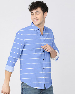 HASINI Fashion Men Striped Casual Light Blue, White Shirt