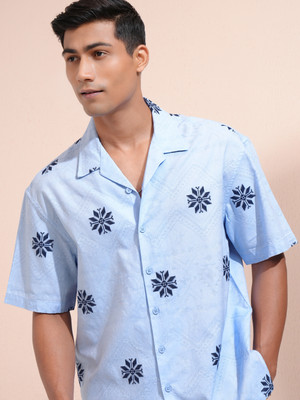 LOCOMOTIVE Men Printed Casual Light Blue Shirt