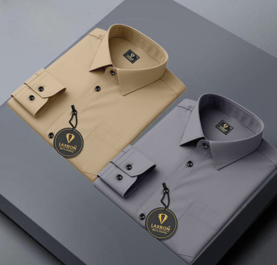 LAXBON Men Self Design Casual Beige, Grey Shirt(Pack of 2)