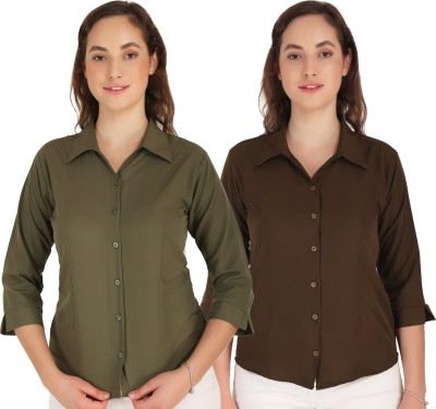 Giggles Women Solid Formal Green, Brown Shirt(Pack of 2)