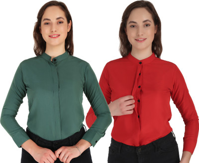 HEAVENS CREATIONS Women Solid Casual Light Blue, Black Shirt(Pack of 2)