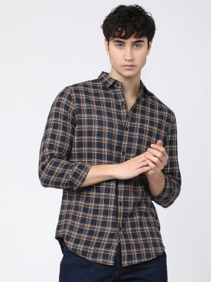 Marc Laurent Men Checkered Casual Beige, Dark Blue, White Shirt