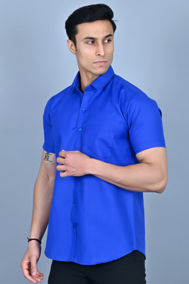 CottonMS Men Solid Casual Blue Shirt