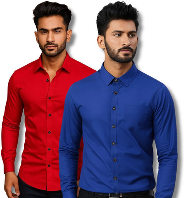 ClothTheory Men Solid Casual Red, Dark Blue Shirt(Pack of 2)