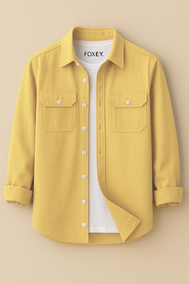 FOXEY Men Solid Casual Yellow Shirt