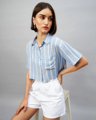 Chimpaaanzee Women Striped Casual Light Blue, White Shirt