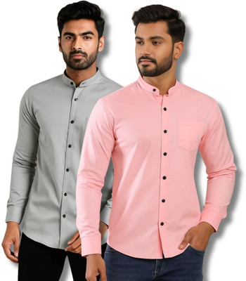 CROWNTAIL Men Solid Casual Grey, Pink Shirt(Pack of 2)