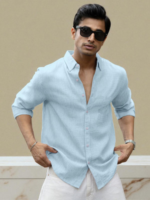 Yanthhi Men Solid Casual Light Blue Shirt