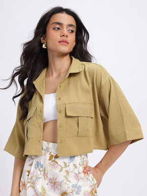 Glitchez Women Solid Casual Green Shirt