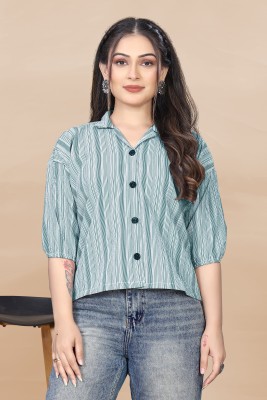 SYSBELLA FASHION Women Striped Casual Green Shirt