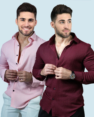 Marmic Fab Men Solid Casual Maroon, Pink Shirt(Pack of 2)