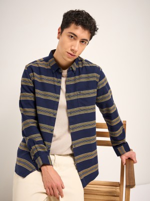 THE BEAR HOUSE Men Striped Casual Dark Blue Shirt