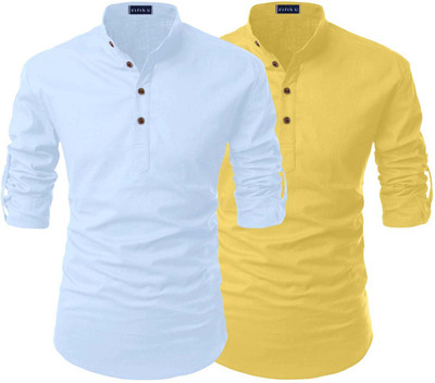 Fifth U Men Solid Casual Light Blue, Yellow Shirt(Pack of 2)