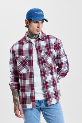 Snitch Men Checkered Casual Red, White Shirt