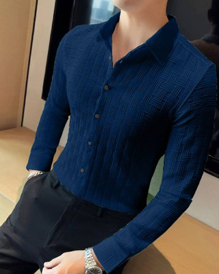 Plus91 Men Self Design Casual Dark Blue Shirt