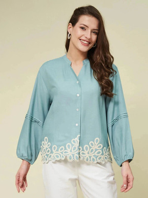 J TURRITOPSIS Women Embroidered Casual Blue Shirt