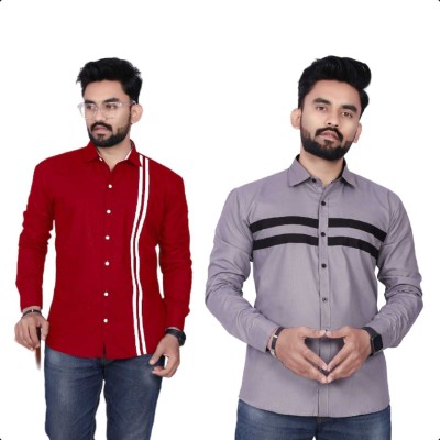 GAZZY CREATION Men Striped Casual Red, Grey Shirt(Pack of 2)