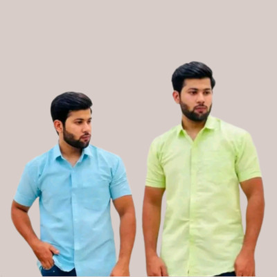 SAH TEXTILES Men Solid Casual Yellow, Blue Shirt(Pack of 2)