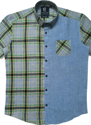 Common Men Men Solid, Checkered Casual Blue Shirt