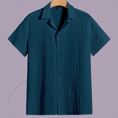 A DEEMOON Men Self Design Formal Dark Blue Shirt