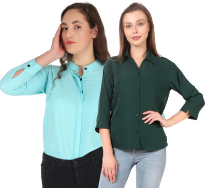 Miranga Women Solid Formal Light Blue, Green Shirt(Pack of 2)