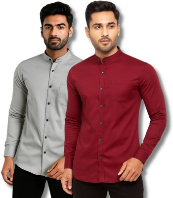 GOD HEART Men Solid Casual Grey, Maroon Shirt(Pack of 2)
